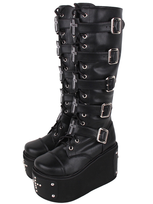 Black Punk Gothic Round Toe Embroidered Cross Rivet Platform Boots