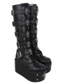 Black Punk Gothic Round Toe Embroidered Cross Rivet Platform Boots