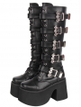 Black Punk Gothic Batwing Buckled Lace-Up Knee-High Platform Boots