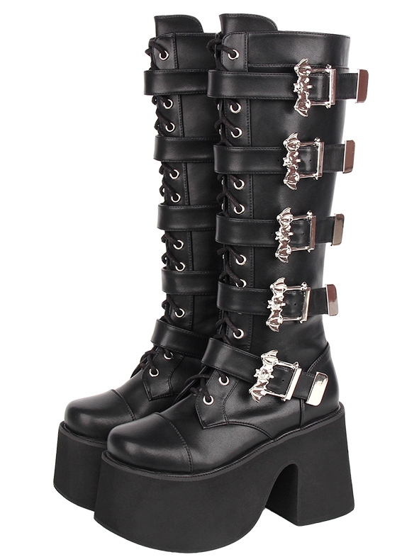 Black Punk Gothic Batwing Buckled Lace-Up Knee-High Platform Boots