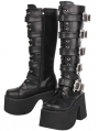 Black Punk Gothic Batwing Buckled Lace-Up Knee-High Platform Boots