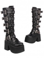 Black Punk Gothic Batwing Buckled Lace-Up Knee-High Platform Boots