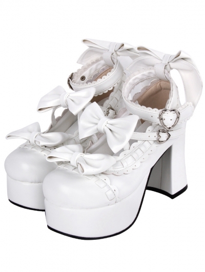 White Bow Strap Buckled Princess Lolita Heeled Shoes