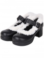 Black Punk PU Leather Fur Trim Chunky Heel Lolita Shoes