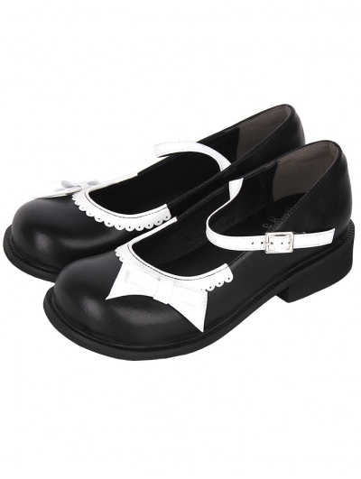 Black and White Round Toe Low Heel Gothic Lolita Shoes