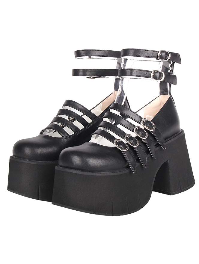 Black Gothic Lolita High Chunky Heel Platform Shoes