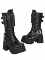 Black Gothic Punk PU Leather Lace-Up Mid-Calf Boots