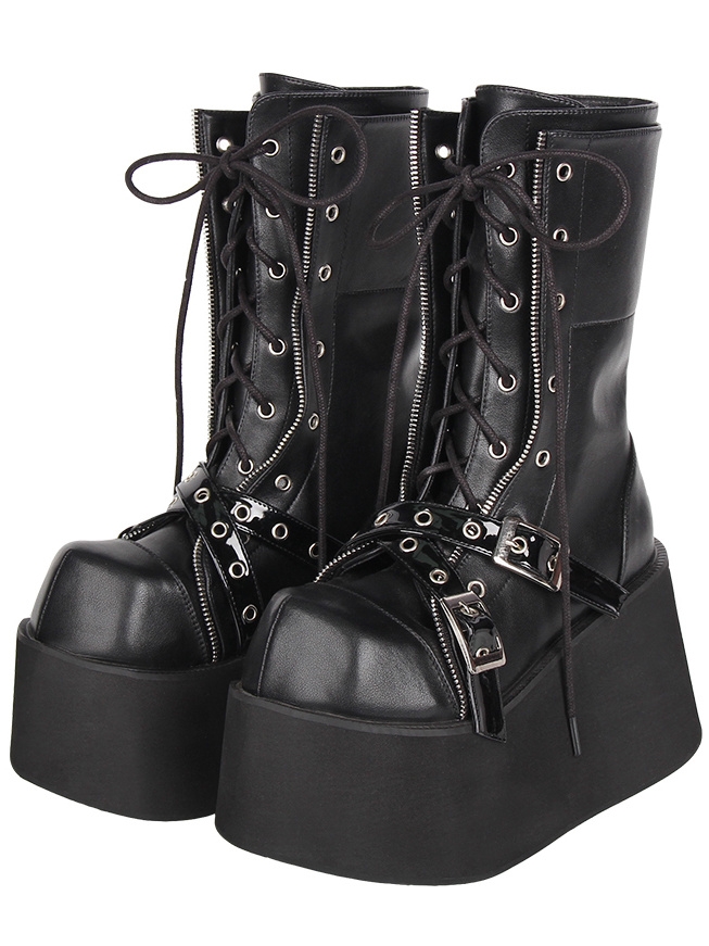 Black Gothic Crossover Strap Wedge Platform Punk Lolita Boots