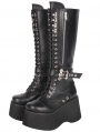 Black Gothic Punk Side Zipper Lace-Up Knee-High Boots