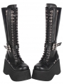 Black Gothic Punk Side Zipper Lace-Up Knee-High Boots