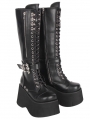 Black Gothic Punk Side Zipper Lace-Up Knee-High Boots