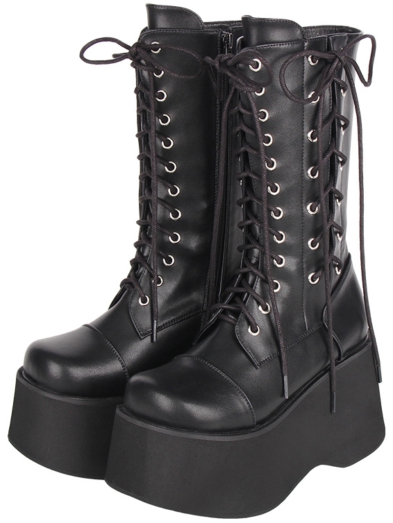 Black Punk Gothic Lolita Round Toe Lace-Up Mid-Calf Boots