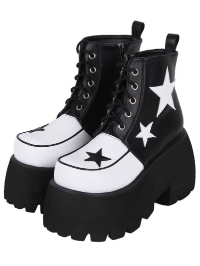 Black and White Patchwork Star Print Lolita Lace-Up Martin Boots