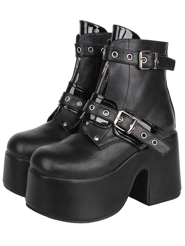 Black Gothic Punk Buckle Platform Heeled Ankle Boots