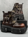 Dark Brown Gothic Punk Buckled Motorcycle Ankle Platform Boots