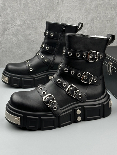 Black Gothic Punk Metal Buckle Strap Ankle Platform Boots