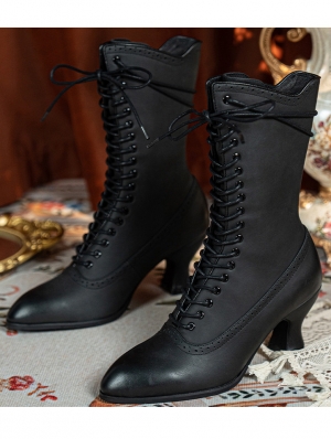 Black Gothic Victorian Pointed Toe Lace Up Mid-Calf Boots