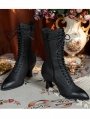 Black Gothic Victorian Pointed Toe Lace Up Mid-Calf Boots