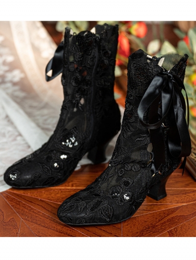 Black Gothic Lace Wedding Victorian Lace Up Ankle Boots