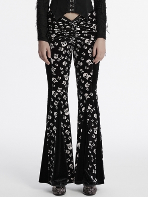 Black and White Gothic Skull Print Sexy Flared Velvet Pants for Women