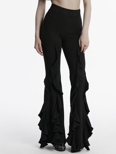 Black Gothic Daily Fitted Ruffle Flared Pants for Women