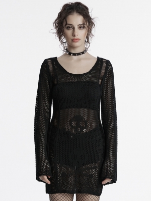 Black Gothic Punk Decadent Sexy Perspective Skull Knit Dress