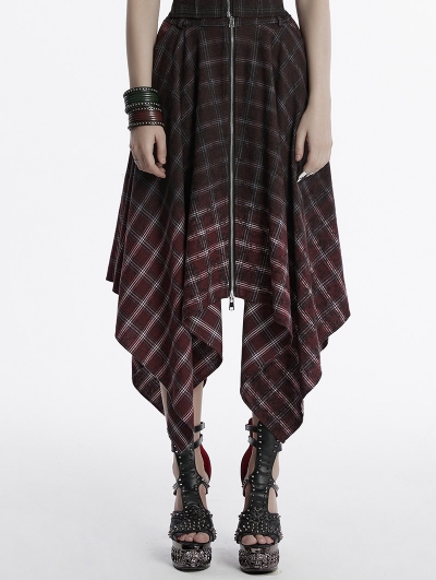 Red and Black Gothic Grunge Gradient Plaid Zip Front Irregular Skirt