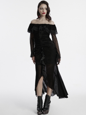 Black Sexy Gothic Off-the-Shoulder Velvet Mesh Long Fishtail Dress