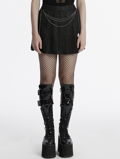 Black Gothic Punk Patterned Pleated Skirt with Detachable Chain