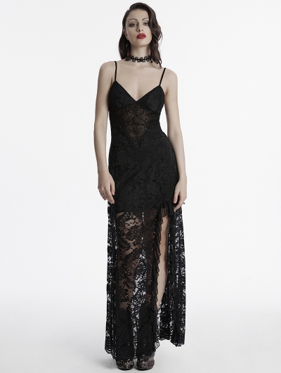 Black Sexy Gothic Lace Deep V-Neck High Slit Long Dress