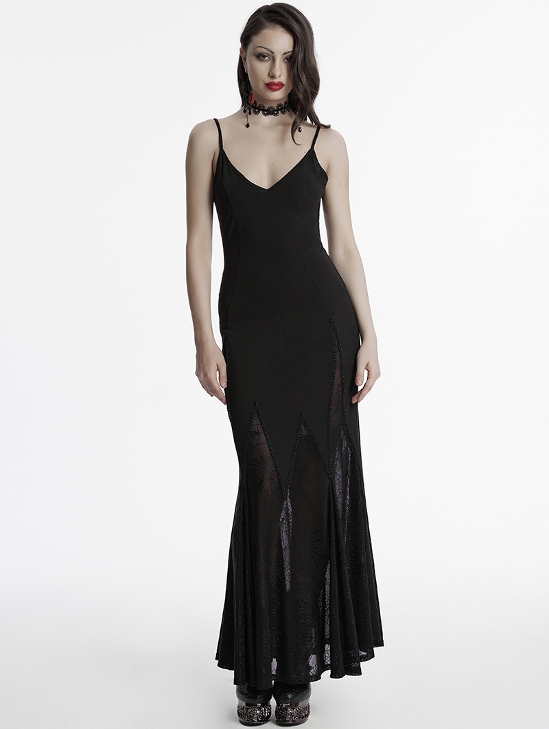 Black Gothic Irregular Splicing Sexy V-neck Long Dress