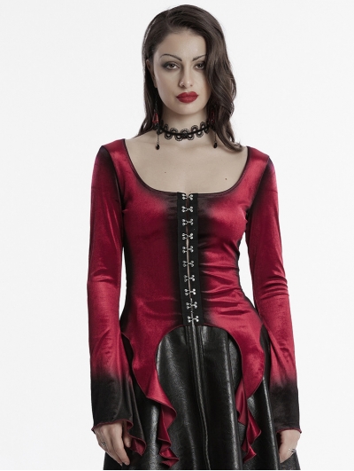 Red Gothic Gradient Velvet Long Sleeve Irregular Shirt for Women