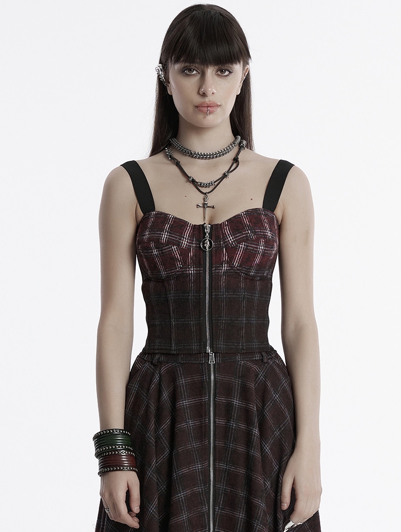 Red and Black Gothic Grunge Gradient Plaid Vest Top for Women