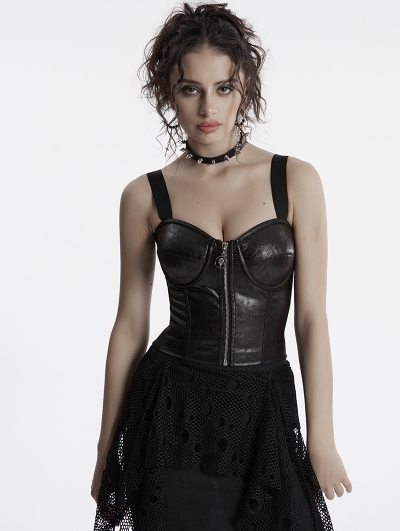 Black Gothic Punk Faux Leather Vest Top for Women