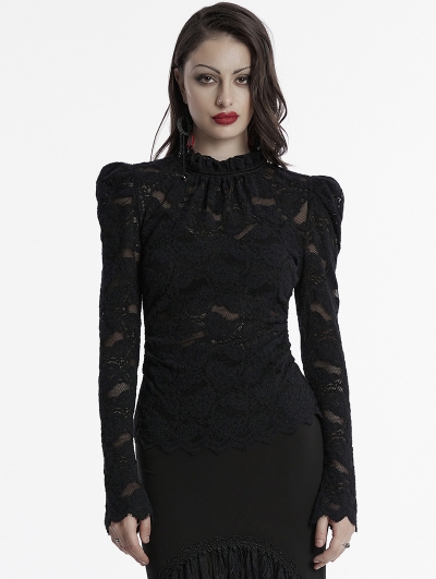 Black Gothic Long Puff Sleeve Floral Ruffled Lace Top for Women