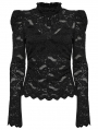 Black Gothic Long Puff Sleeve Floral Ruffled Lace Top for Women