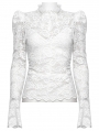 White Gothic Long Puff Sleeve Floral Ruffled Lace Top for Women