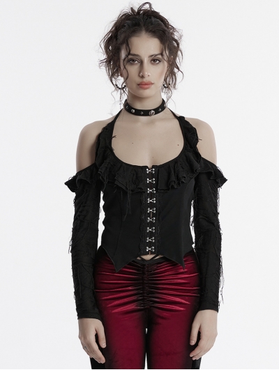 Black Gothic Halter Off-the-Shoulder Long Sleeve Short Top for Women