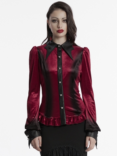 Red Gothic Gradient Velvet Bat Collar Long Sleeve Shirt for Women