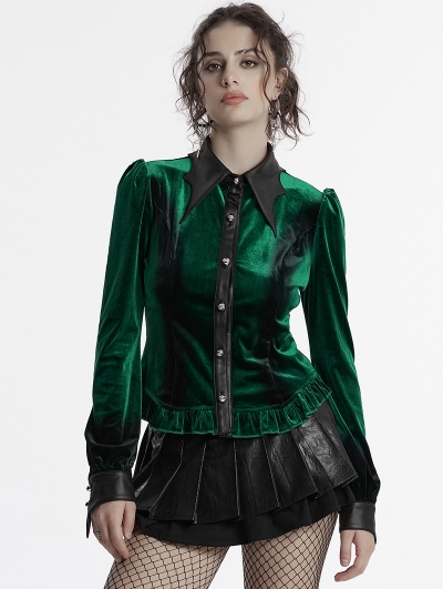 Green Gothic Gradient Velvet Bat Collar Long Sleeve Shirt for Women