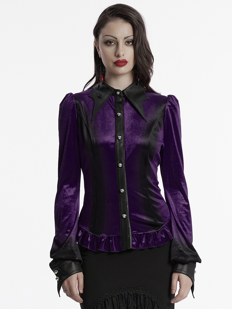 Violet Gothic Gradient Velvet Bat Collar Long Sleeve Shirt for Women