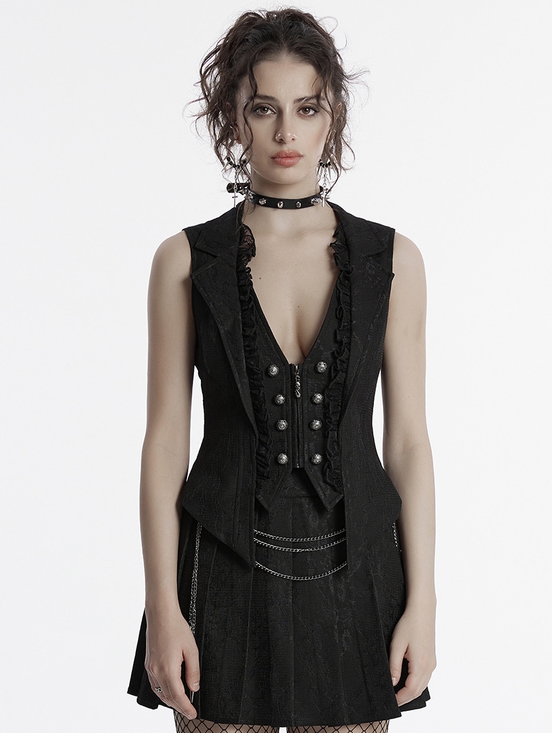 Black Gothic Academy Style Patterned Lapel Vest for Women