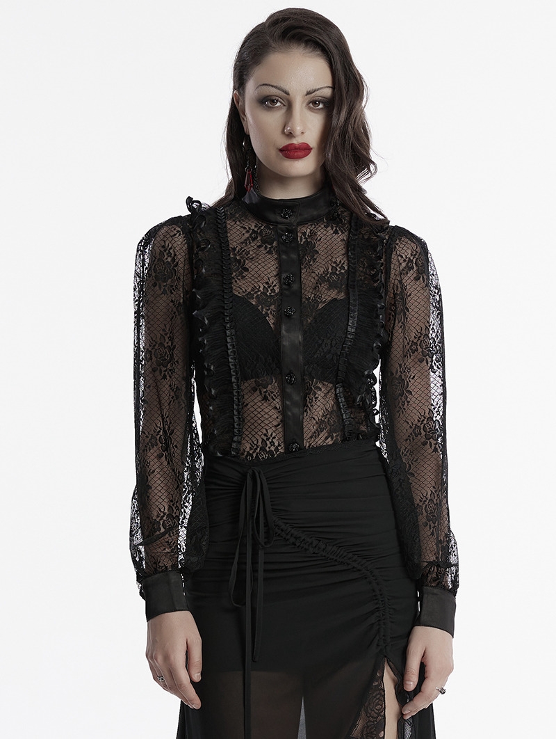 Black Gothic Rose Lace Transparent Shirt for Women