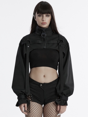 Black Gothic Punk Cool Stand Collar Short Jacket for Women