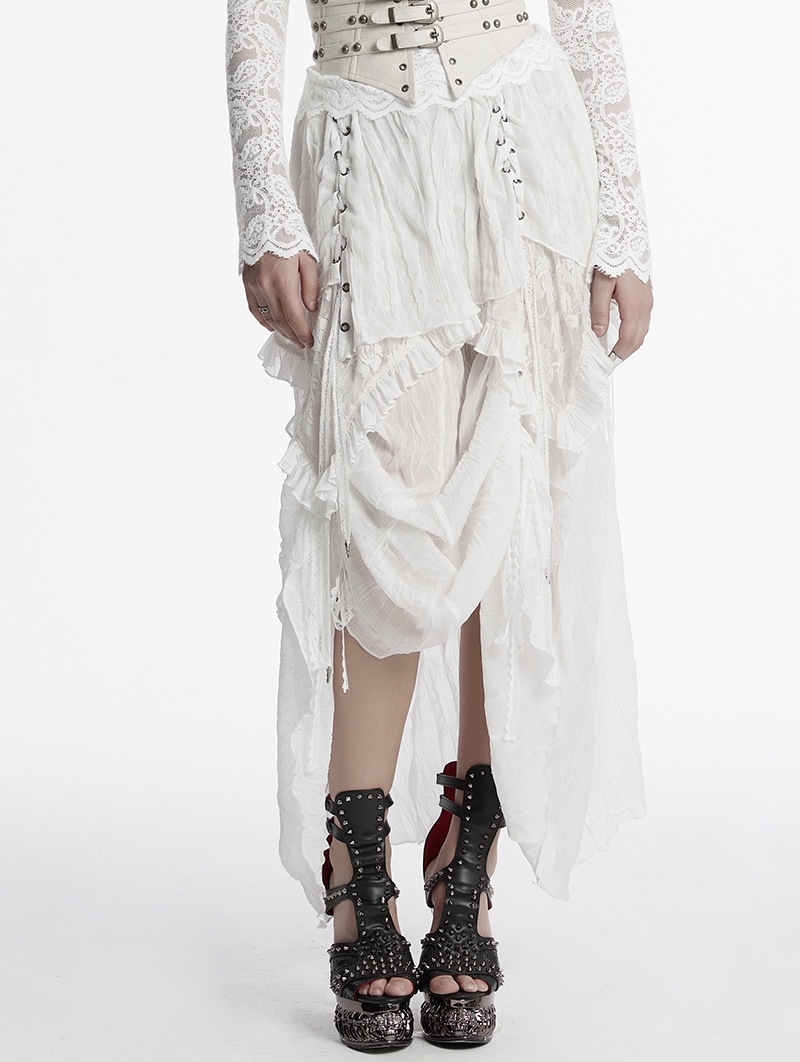 White Gothic Asymmetric High-Low Ruffled Chiffon Skirt