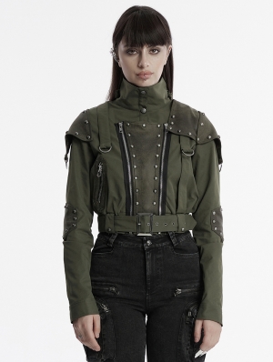 Green Gothic Punk Studded Military Style Short Jacket for Women