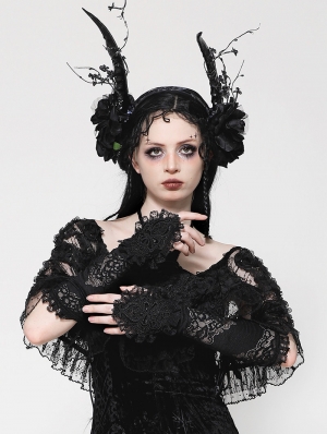 Black Gothic Romantic Lace Embroidered Gloves