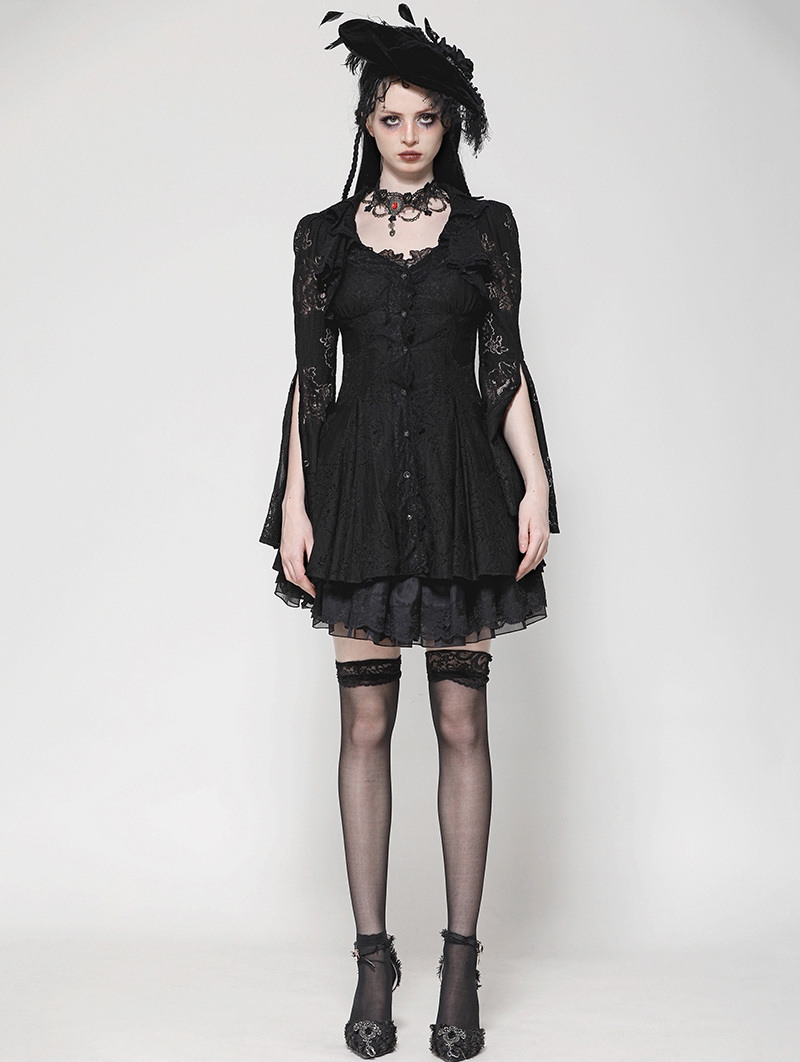 Black Gothic Long Sleeve Button Fron Short Lace Dress