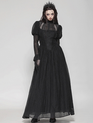 Black Vintage Gothic Spiderweb Patchwork Long Puff Sleeve Maxi Dress