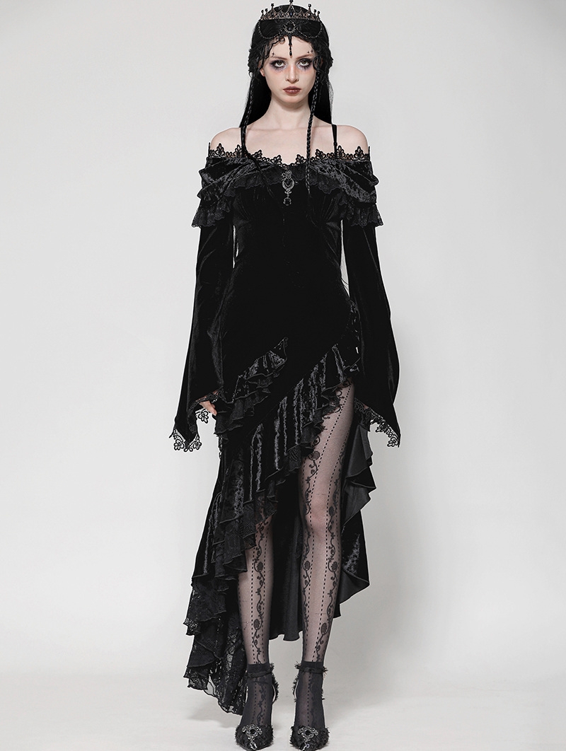 Black Sexy Gothic Velvet Ruffle Off-Shoulder Mermaid Dress